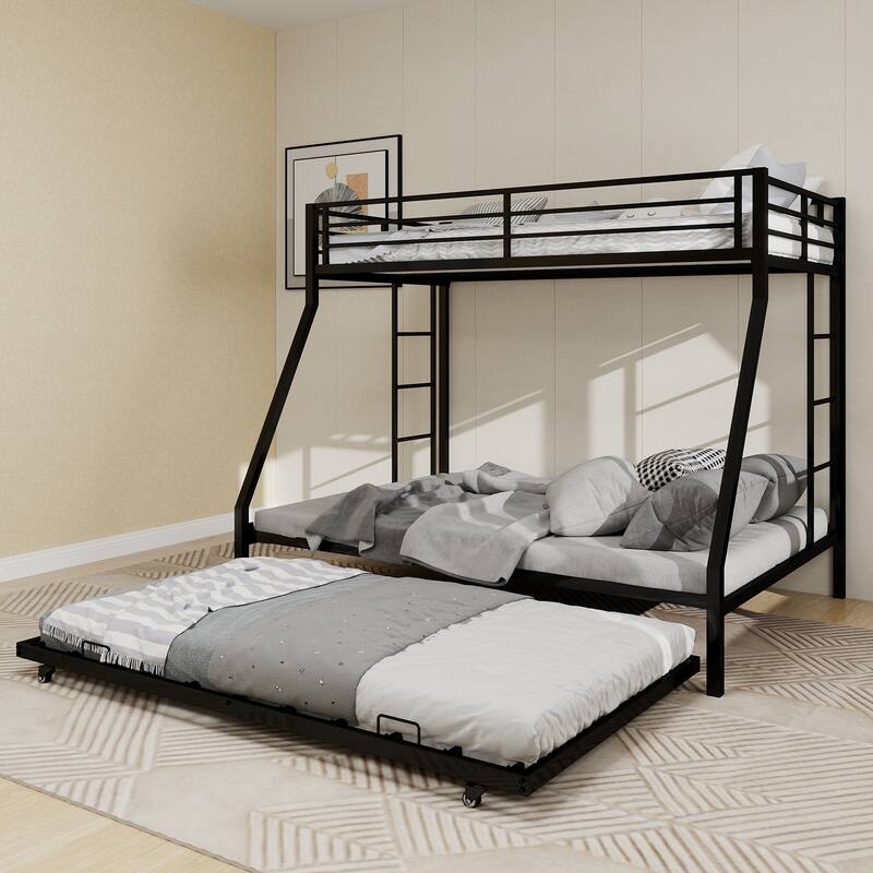 Full Size Minimalist Bunk Bed with Ladder & Rolling Trundle, High-Stability Square Tube Frame, 137cm x 190cm, Black