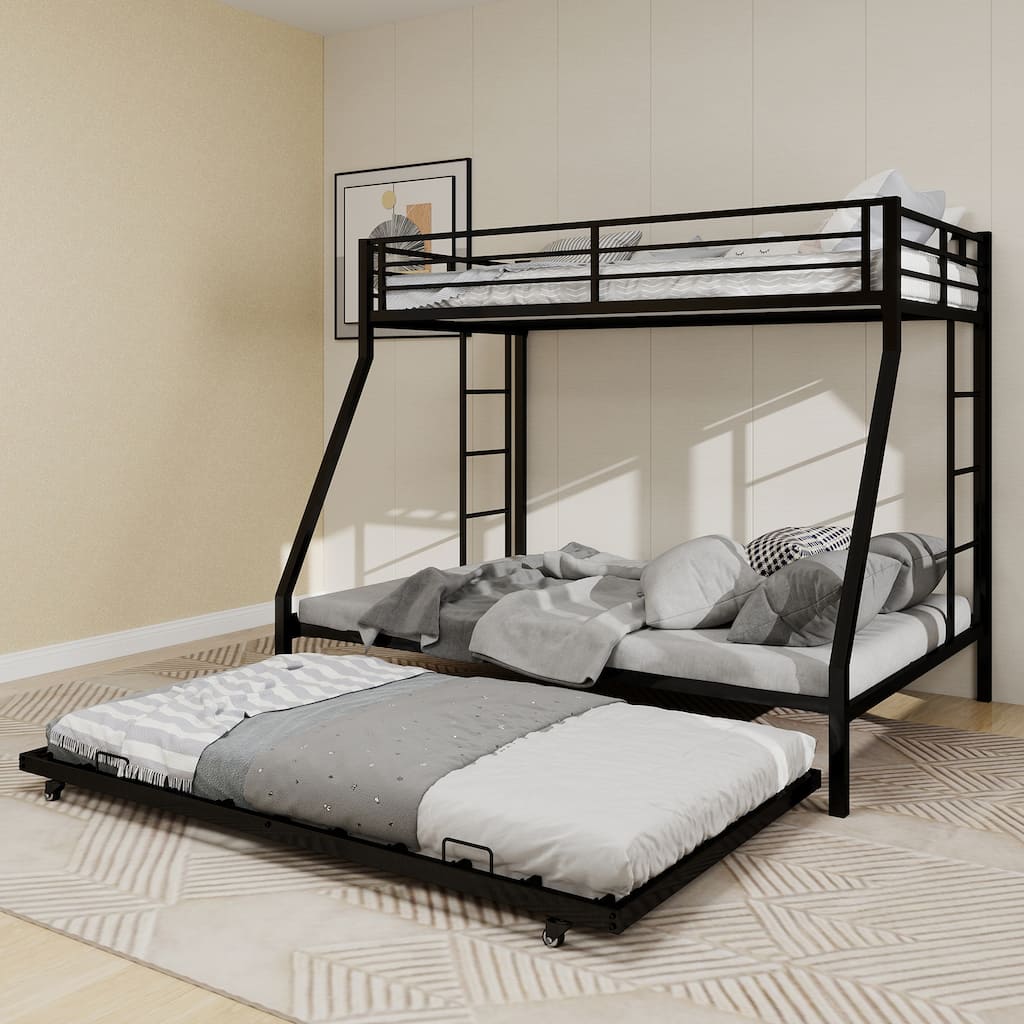 Modern Square Tube Bunk Bed with Ladder and Rolling Trundle Bed