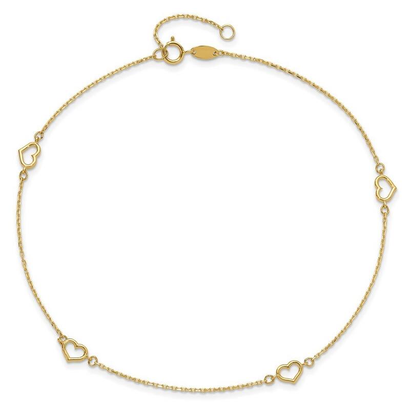 Curata 14k Yellow Gold 10+1" Polished Open Heart Station Rolo Chain Anklet (Spring-ring)