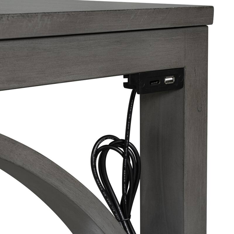 Farmhouse 3-Piece Counter Height Dining Table Set with Built-in USB Ports and Upholstered Stools for Small Spaces