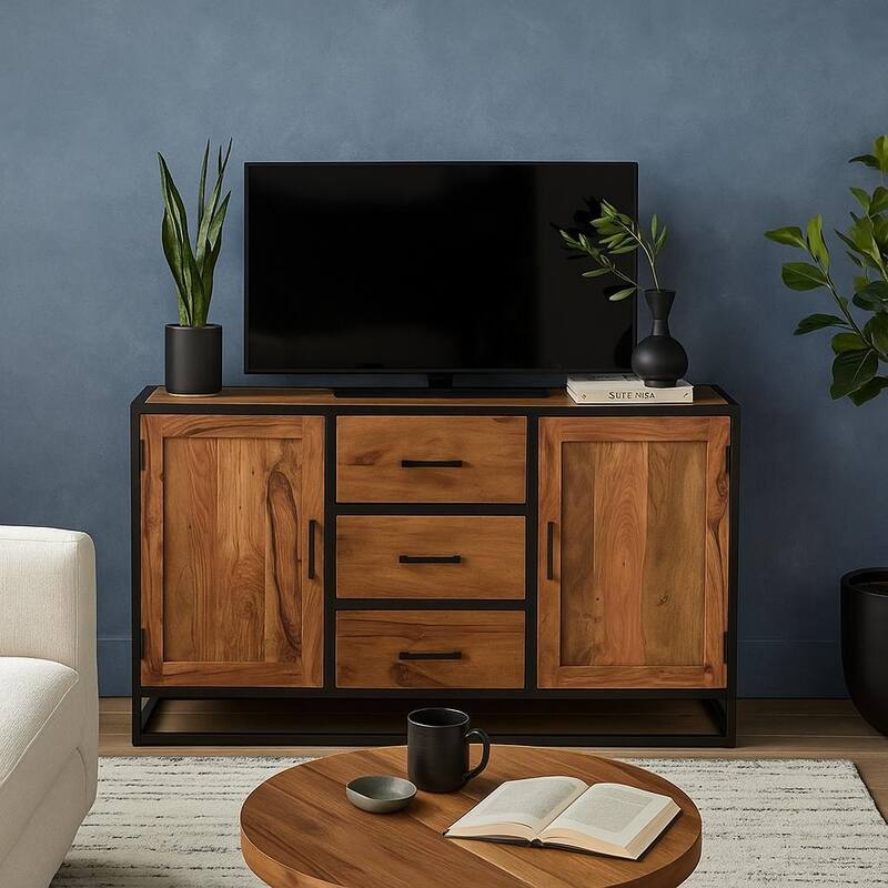 Solid Sheesham Wood Sideboard Cabinet with Black Iron - 60"