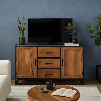 Solid Sheesham Wood Sideboard Cabinet with Black Iron - 60"