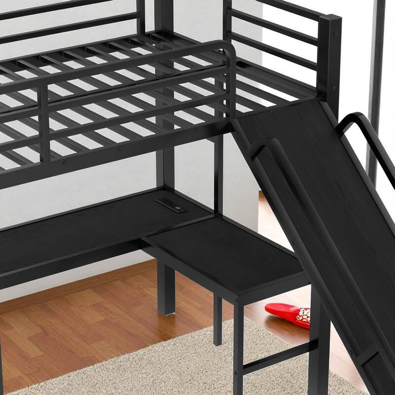 L-Shaped Metal Triple Bunk Bed with Slide & USB, Twin XL over Queen/Twin over Full with Loft, Noise-Free, Black