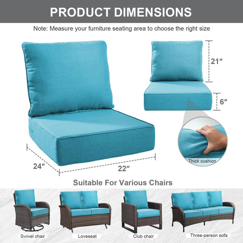Gymojoy 24"x22"x6" Patio Thick Cushions & Pillows Set - Deep Seat Indoor/Outdoor Water & Fade Resistant