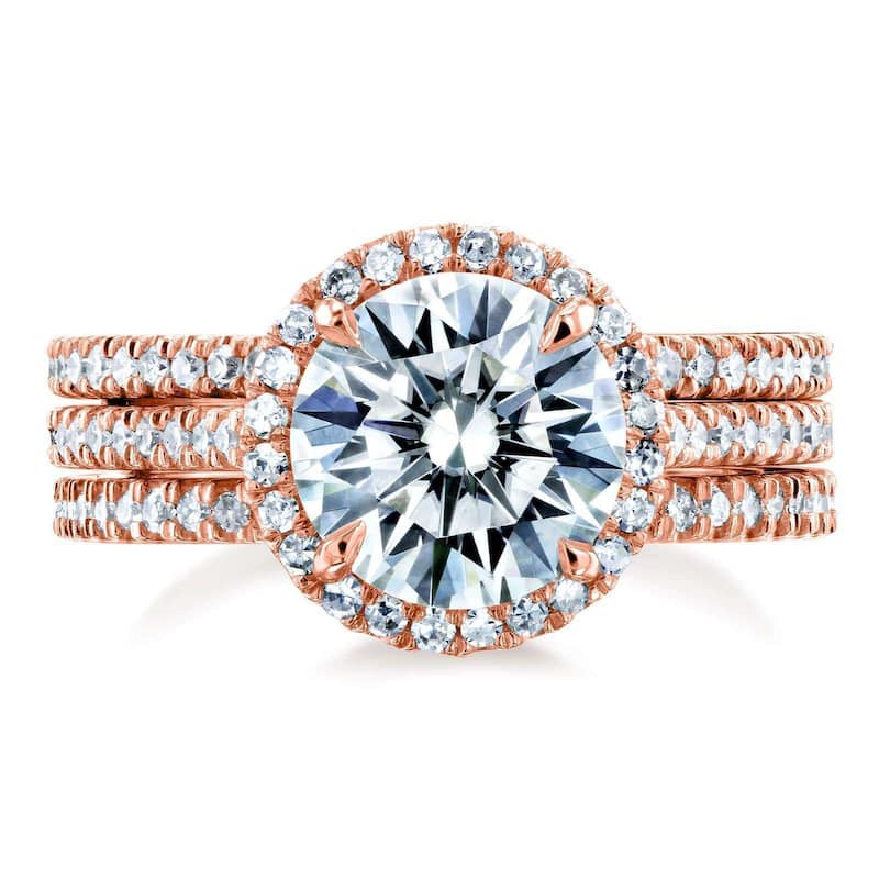 Kobelli 2.4 Carats Moissanite & Natural Diamond 14k Solid Gold Raised Round Halo Half Eternity Bands Capri 3pc Bridal Set