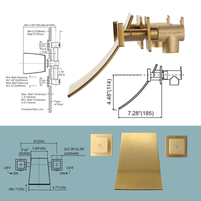 WOWOW Double Handle Wall Mount Waterfall Bathroom Bathtub Faucet
