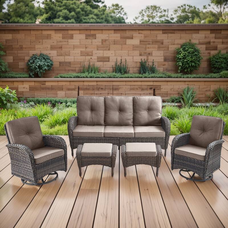 Gymojoy 5-Piece Outdoor Wicker Patio Furniture with 3 Seat Sofa & Swivel Chair, Coversation Set with Water Resistant Cushions