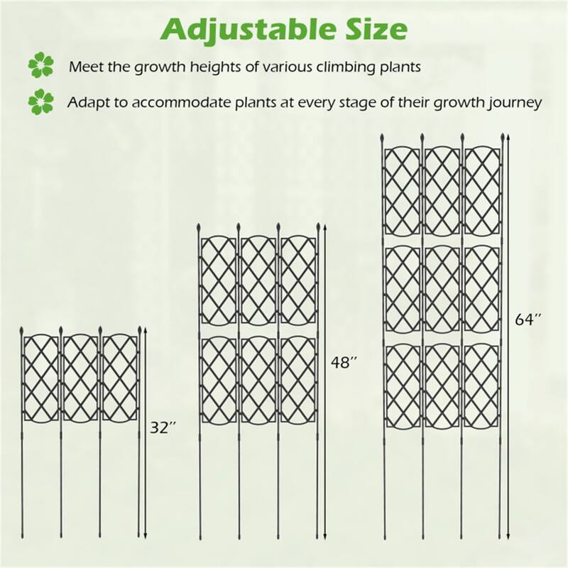 Black Metal Garden Trellis 3 Panels Adjustable 32"-64" Height Climbing Plant Support Frame - 19" x 64"