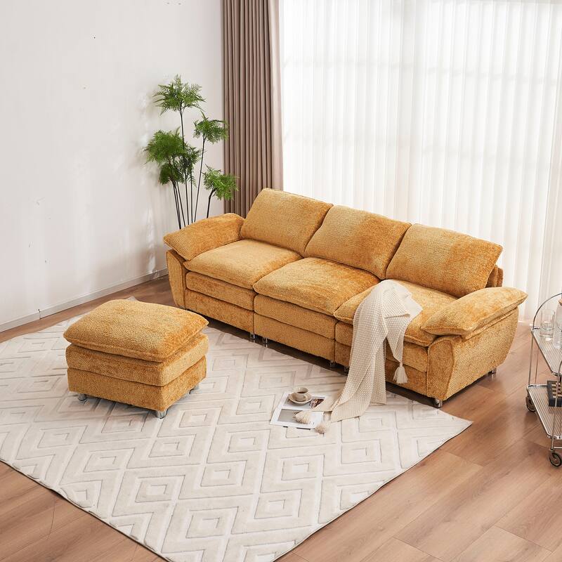 Modern Deep 3 Seat Sofa with Ottoman, Comfy Polyester Upholstered Furniture for Living Room, Studio, Office