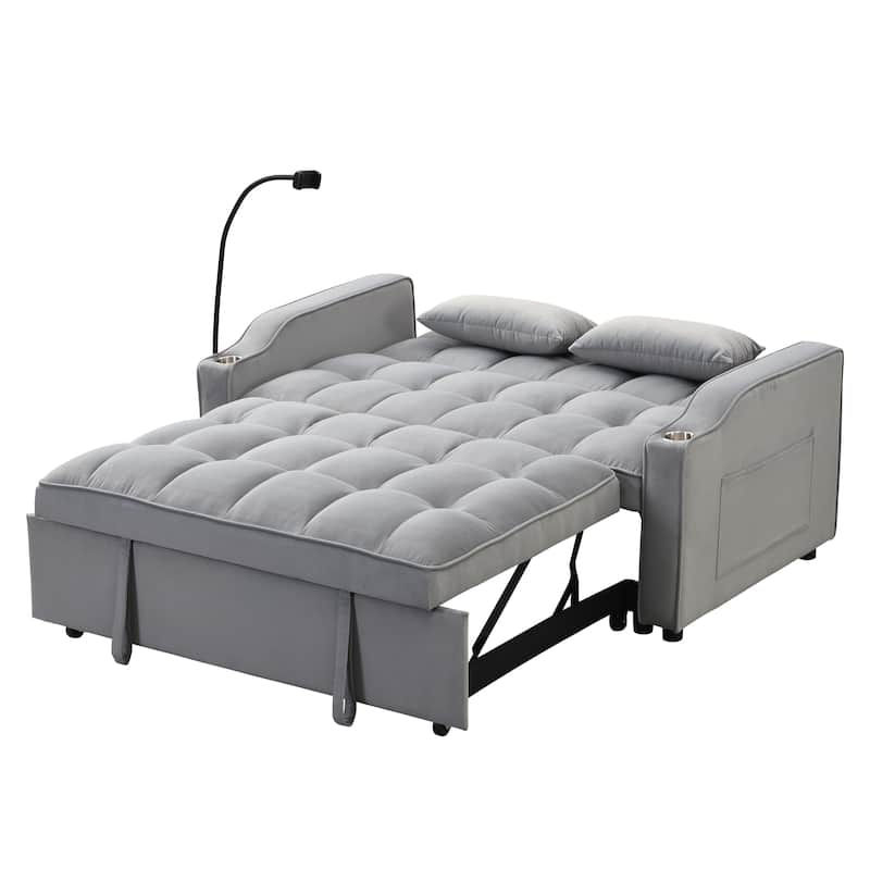 Light Gray Velvet Convertible Sleeper Loveseat Sofa with Adjustable Backrest