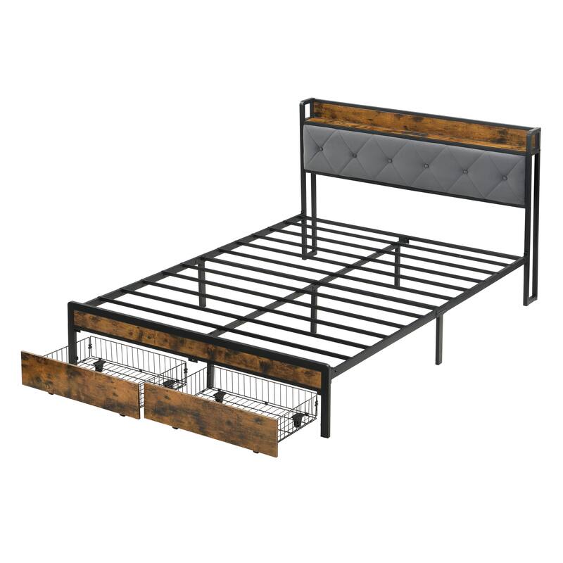 Full Bed Frame with LED Lights, Upholstered Headboard, Storage Drawers, USB Charging Station, Grey