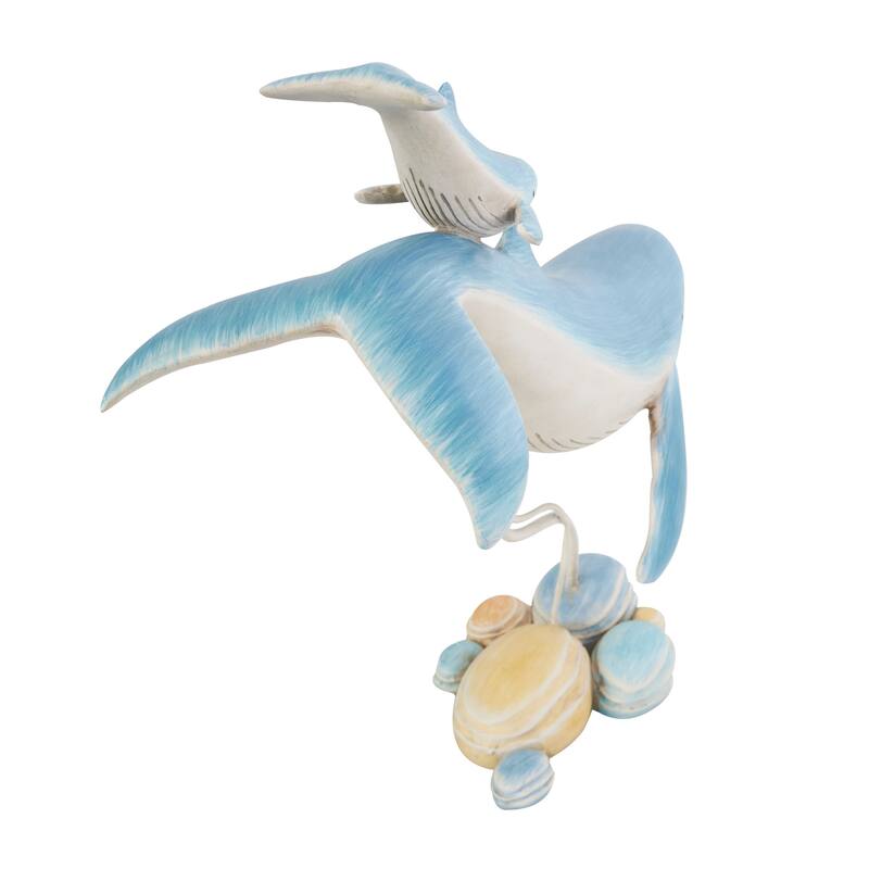 Blue Polystone Swimming Mother and Baby Whale Decorative Sculpture with Yellow Accents