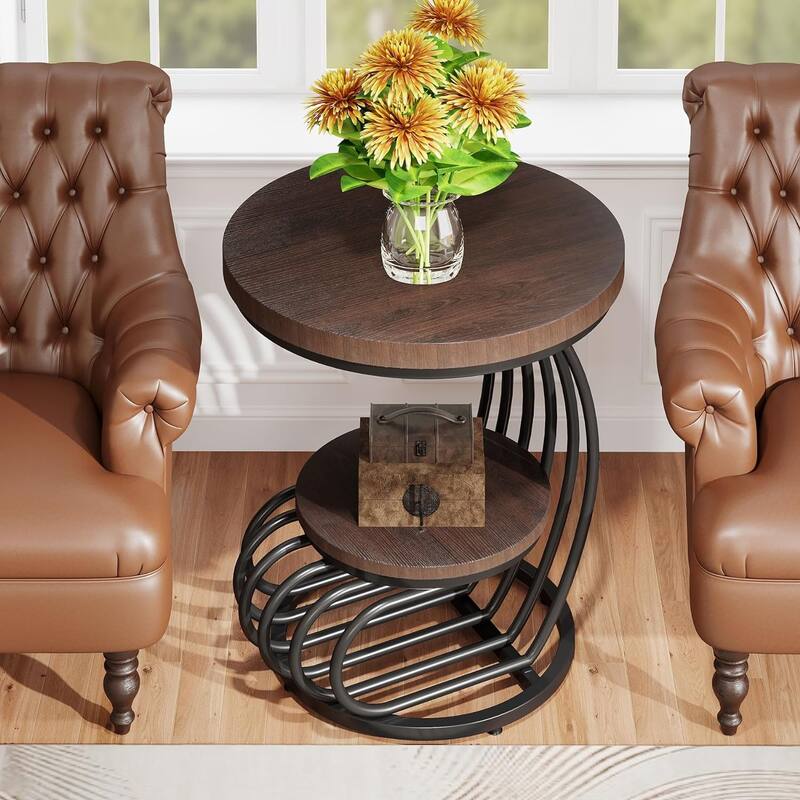 2 Tiers Faux Marble Side Table with Storage Shelf