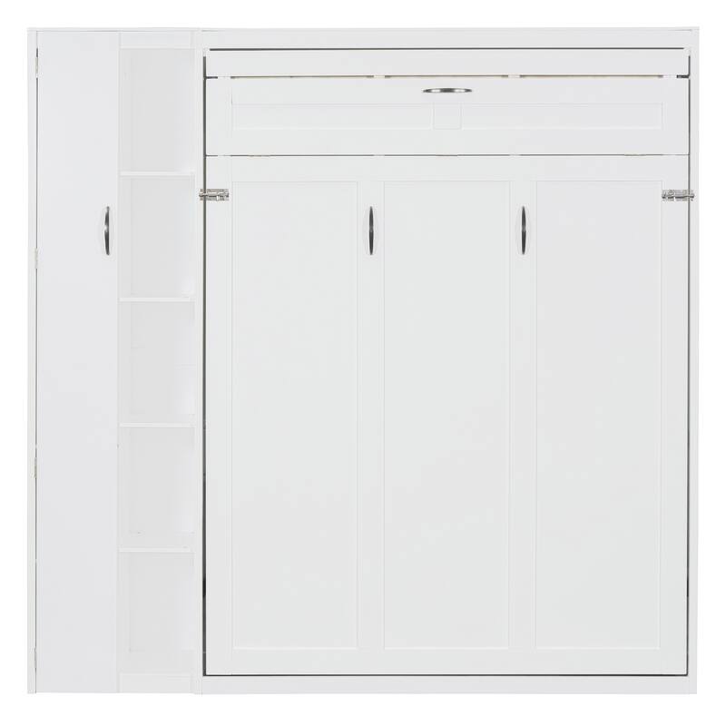 Space-Saving Full Size Wall Bed with Shelves, Wardrobe, and LED Lights, White