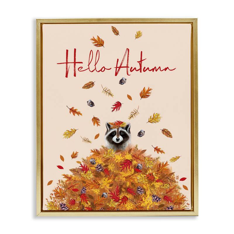 Stupell Hello Autumn Raccoon Framed Floater Canvas Wall Art Design By Elizabeth Tyndall - 25 x 31 - Gold
