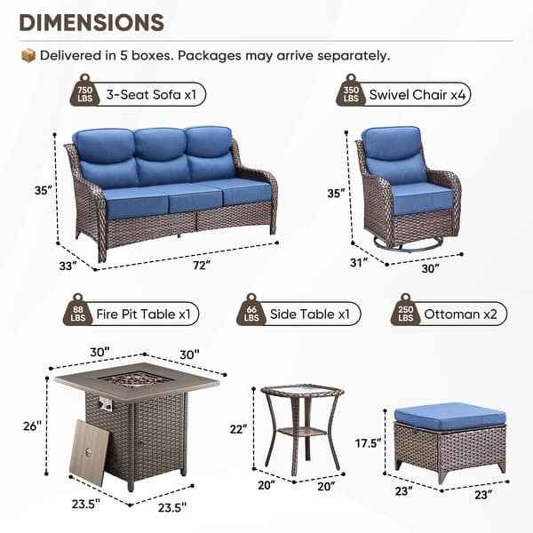 dimension image slide 9 of 11, Pocassy Outdoor Wicker Sofa with Swivel Chair Fire Pit Table Furniture Set.