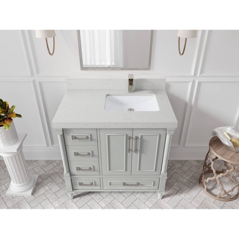 Willow Collections 36 in. W x 22 in. D Aberdeen Right Offset Sink Bathroom Vanity with Countertop - 2" Carrara Quartz - Coventry Gray