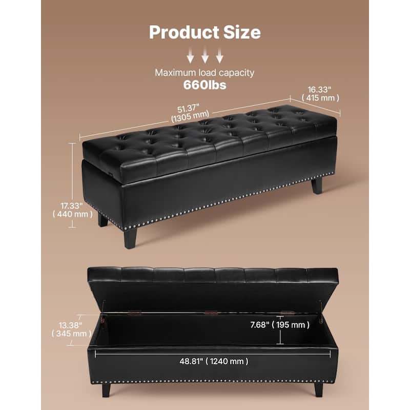 Modern PU Leather Storage Ottoman Bench with Spacious Hidden Storage and Comfortable Cushion - 51.37”L x 16.33”W x 17.33”H