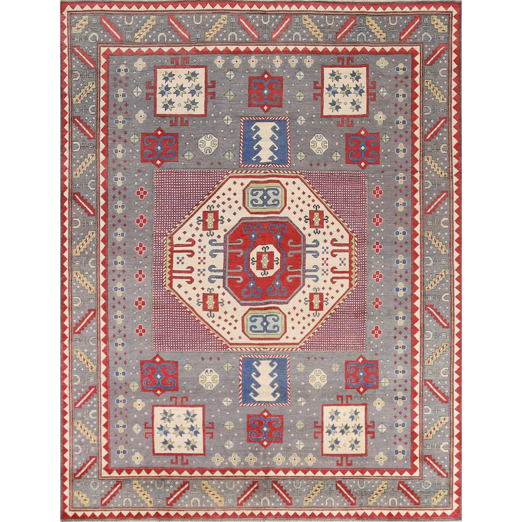 Hand Knotted Oriental 100% Wool Carpet Traditional Medallion Greys & Charcoal Kazak Area Rug - 9' 3'' X 8' 3''
