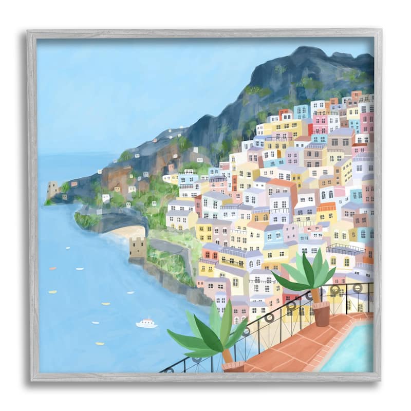 Stupell Positano Cliffside Coastal City Architecture Italian Buildings Framed Wall Art - Multi-Color - 12 x 12 - Grey