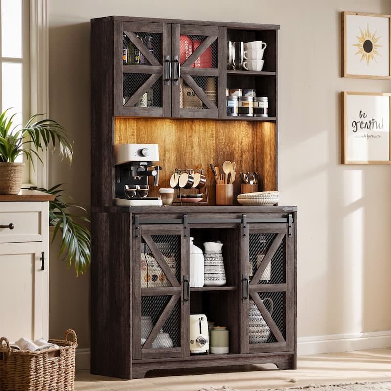 Pocassy 70.87" Kitchen Pantry Cabinet with Led Lights & Power Outlet For Kitchen - Oak
