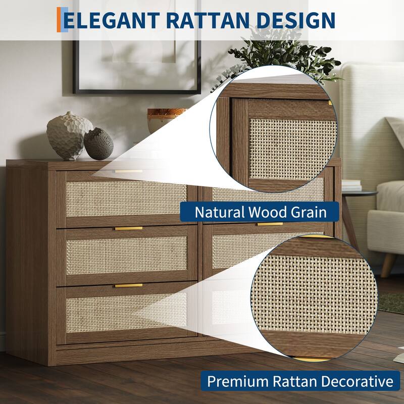 53" Rattan Dresser for Bedroom - 6-Drawer Boho Chest of Drawers, Large Storage Cabinet for Clothes, TV Stand