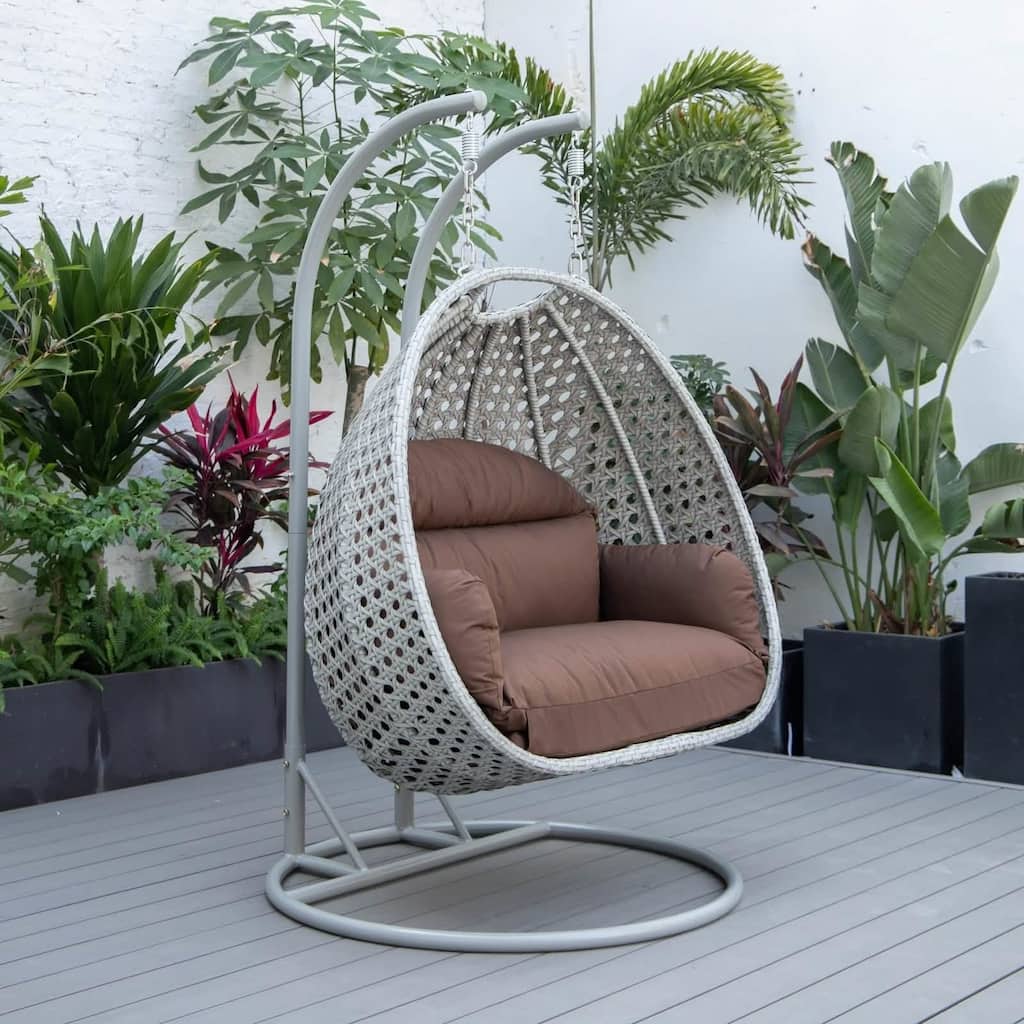 Mendoza 2-Person Hanging Egg Swing Chair with Iron Metal Stand Handcrafter Grey Wicker Hammocks for Outdoor Patio or Indoor Use
