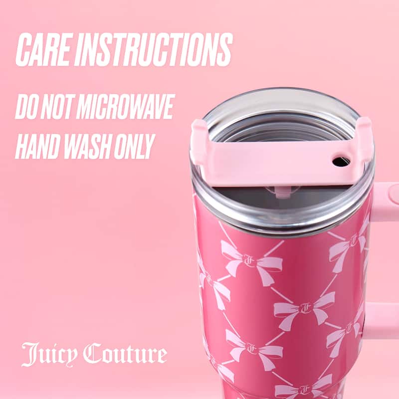 Juicy Couture Jetsetter Hydration Stainless Steel Tumbler with Handle and Straw With Topper