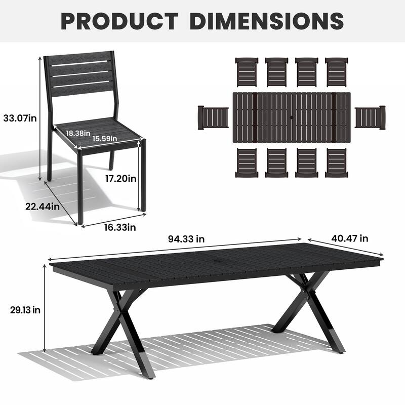Outdoor Aluminum Dining Table Set Rectangular Table with Umbrella Hole and Stackable Chairs