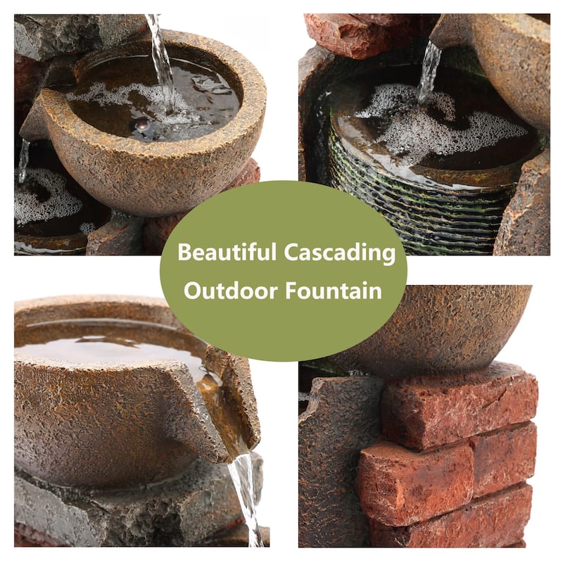 23" H Bowls and Bricks Resin Outdoor Fountain with LED Lights