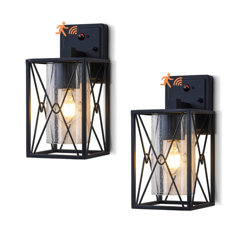 Motion Sensor Outdoor Wall Lanterns with Seeded Glass, Set of 2 - Black