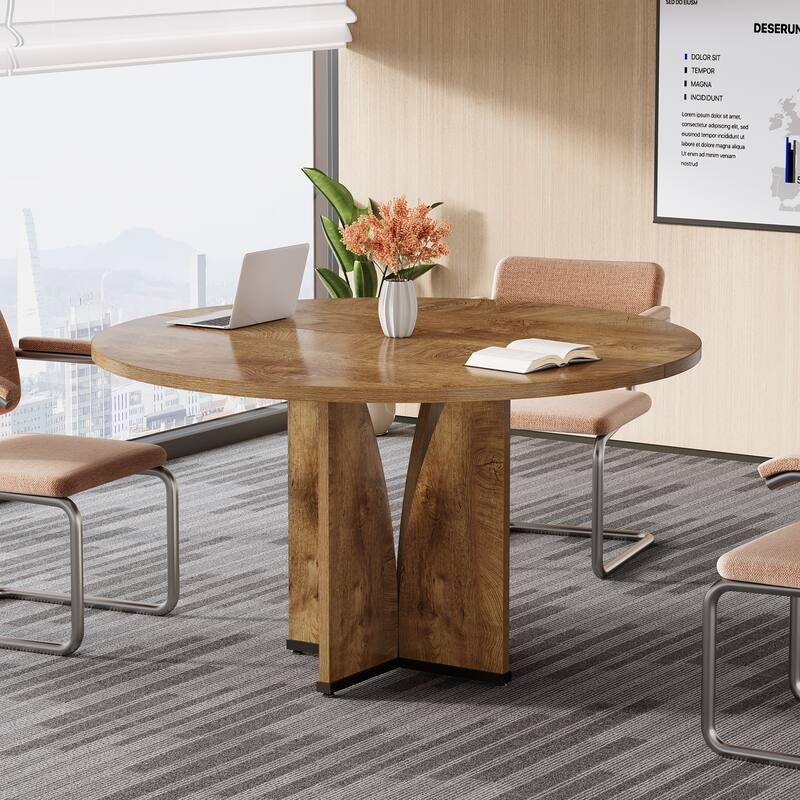 Wooden Conference Table, Round Meeting Table, Negotiation Business Training Room Desk - Natural