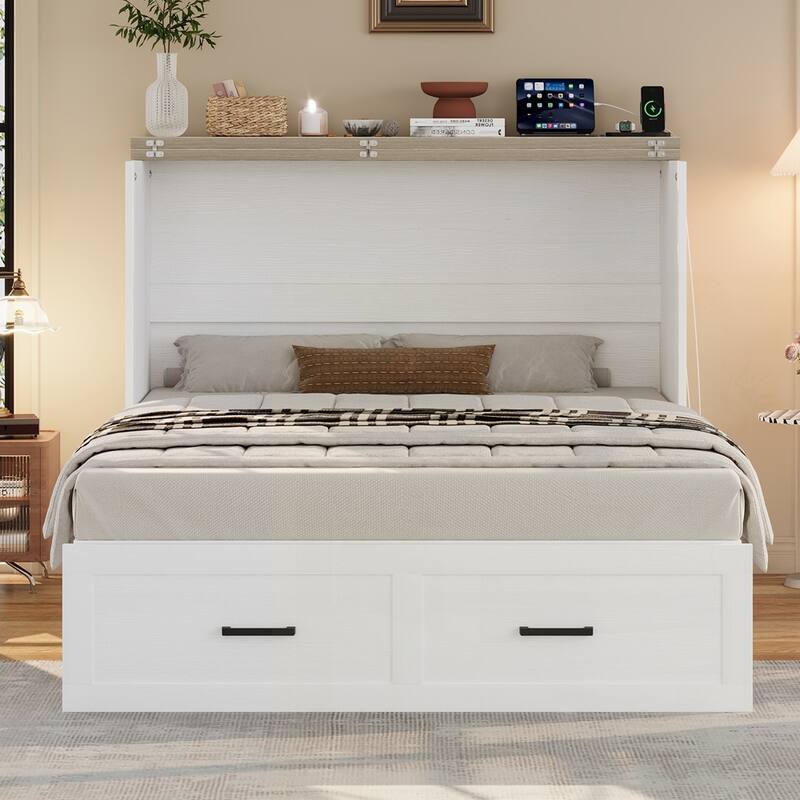 Foldable Platform Bed with Large Storage Drawer - White - Full