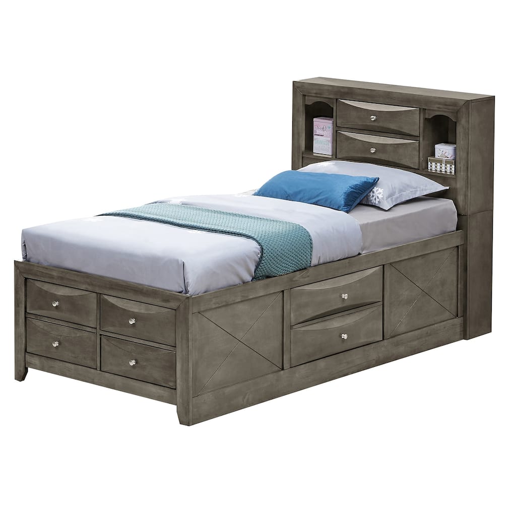 Wooden Panel Twin Bed with Drawers and Shelves - 87" - Gray