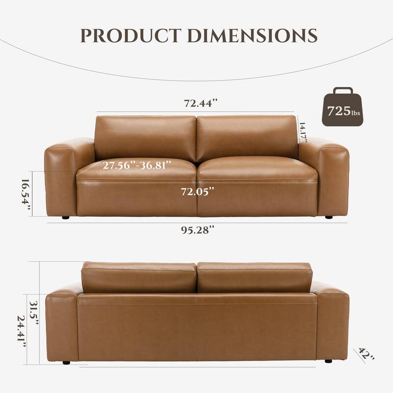 95" Oversized 3-Seater Sofa - Extra Deep Seats & Wide Arms, Down-Filled PU Leather Couch for Living Room, Apartment