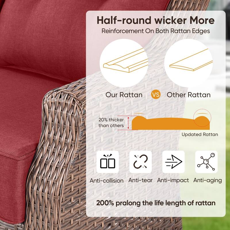 Pocassy Patio 7 Piece Sofa Swivel Chair Ottoman with Fire Table