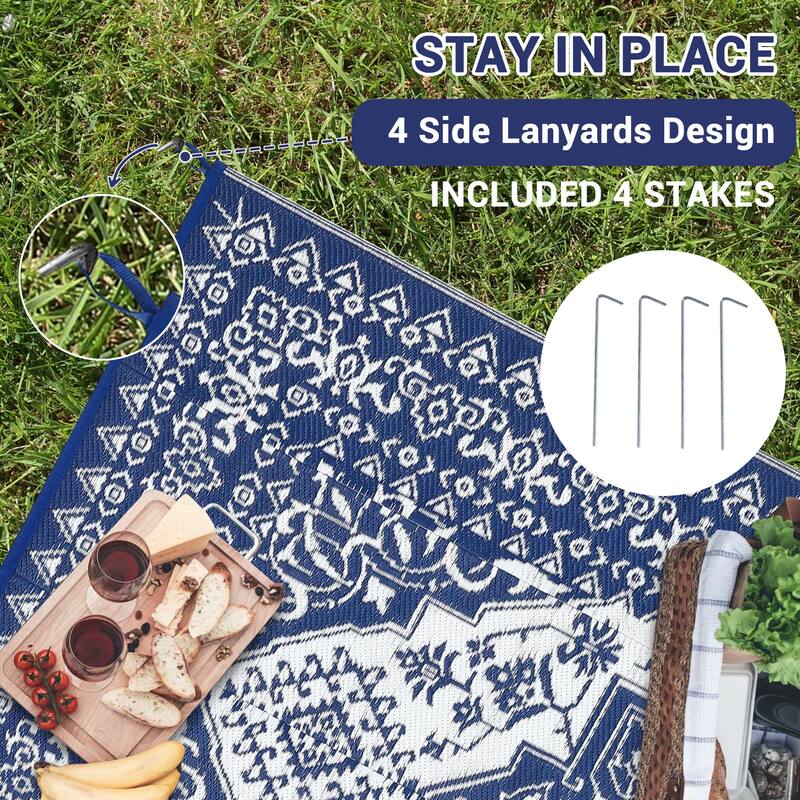 Outdoor Patio Rug Waterproof Reversible Carpet Vintage Boho Medallion Rug Plastic Straw Rug