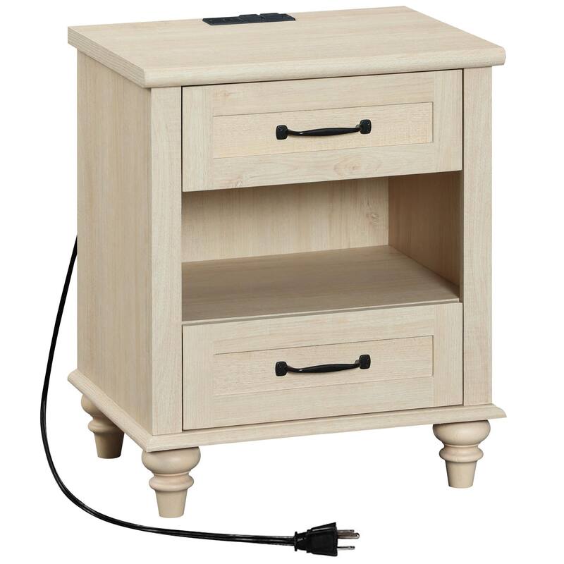 Farmhouse Nightstand Bedside Table, Wood 2-Drawer Side Table - Beige - 2-drawer