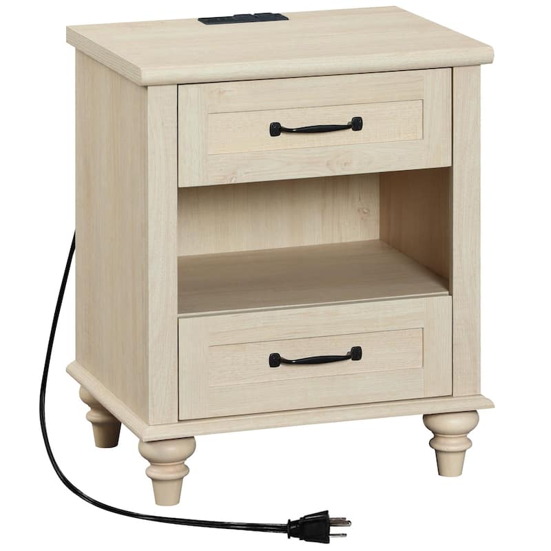 Mid Century End Table Nightstands with Charging Station & Drawer - 1 Piece - Beige