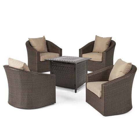 Darius Outdoor 4 Seater Wicker Swivel Chair and Fire Pit Set by Christopher Knight Home