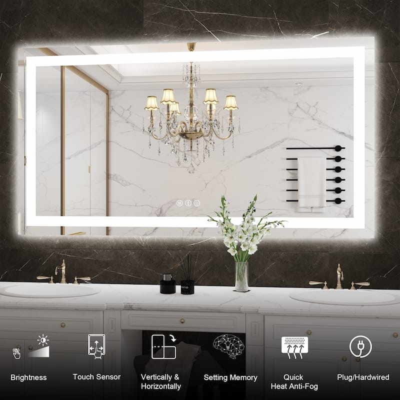 55 in. W x 30 in. H Large Rectangular Frameless Anti-Fog LED Light Wall Mounted Bathroom Vanity Mirror in White