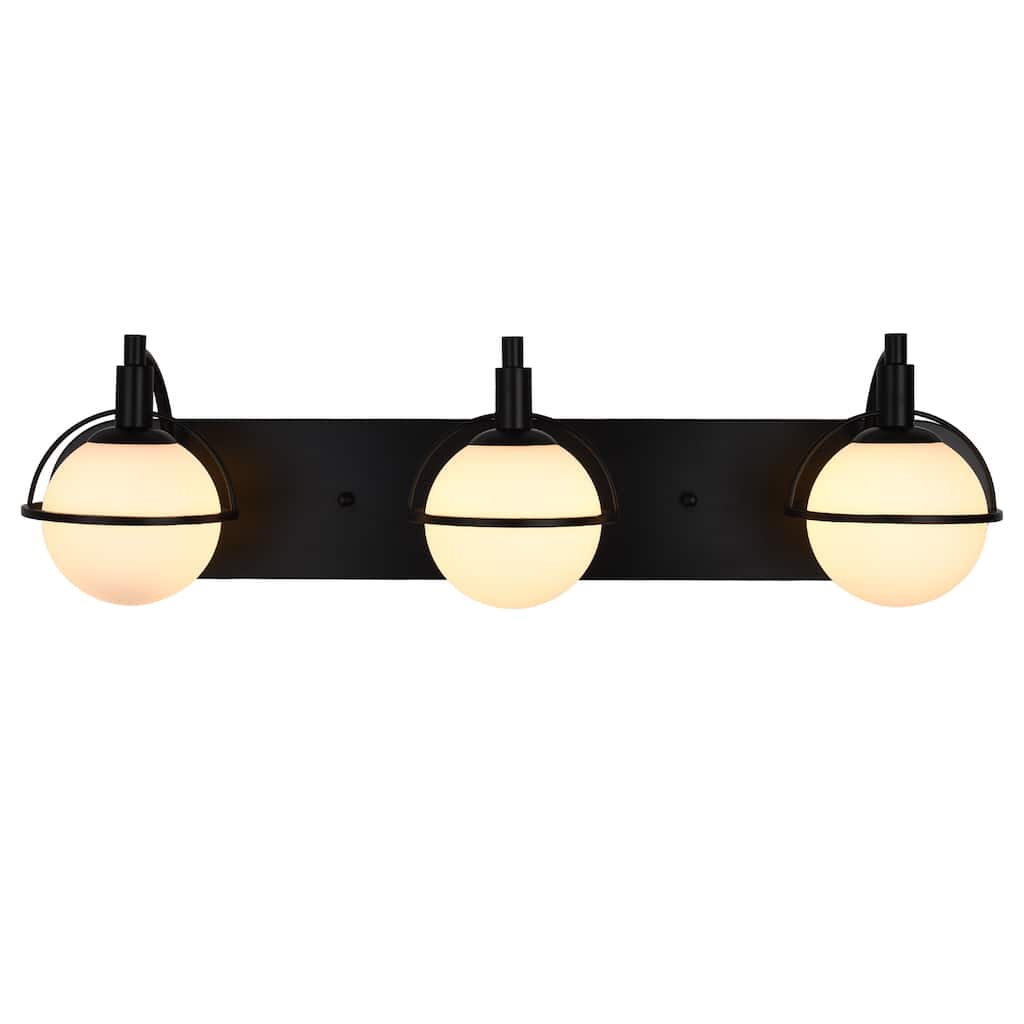 3 - Light Modern Wall Sconce, Black Metal with White Globe Glass Shades