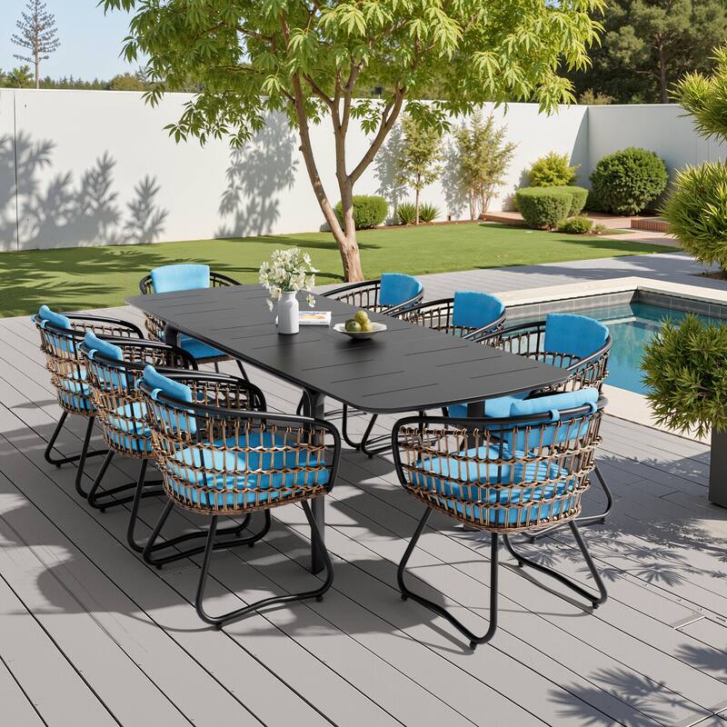 9-PC Outdoor Patio Aluminum Expandable Dining Sets Extension Table with Rattan Chairs