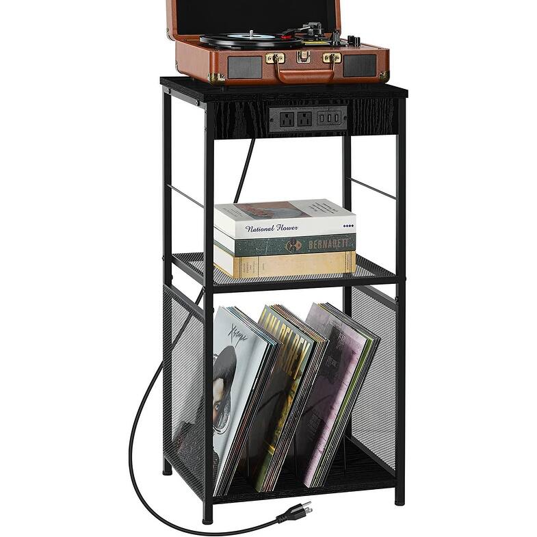 Vinyl Record Storage Table with Power Outlet - Black
