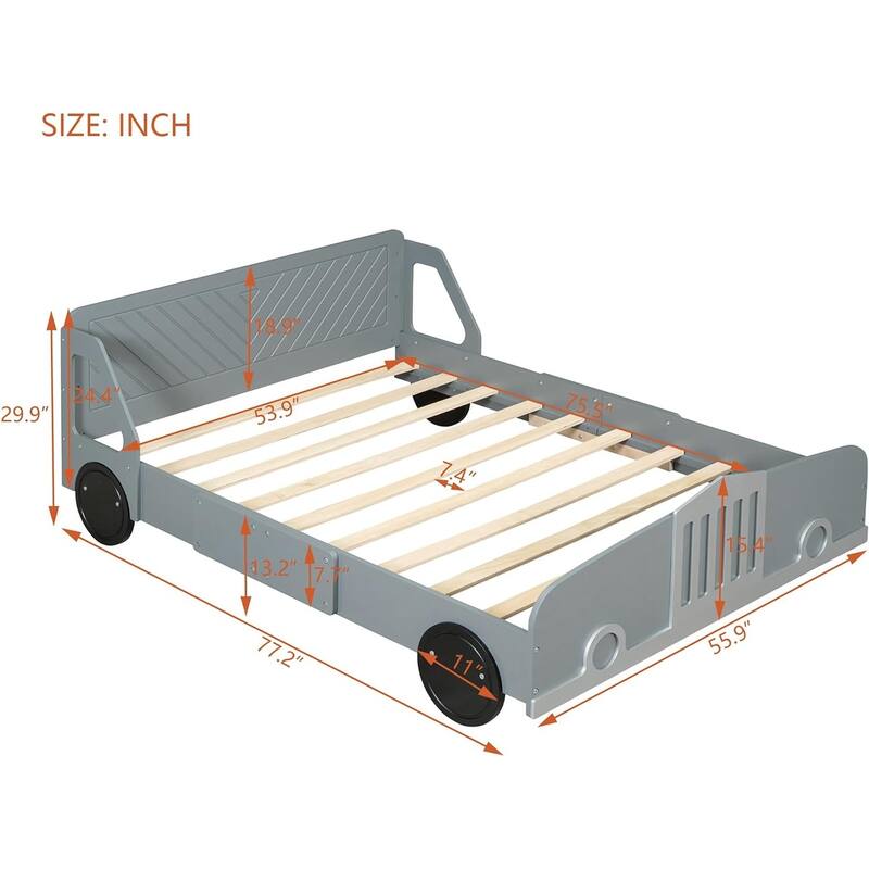Twin/Full Car Bed for Kids, Car Shaped Platform Bed with Wheels, Headboard and Footboard, Toddler Car Bed Slat Support
