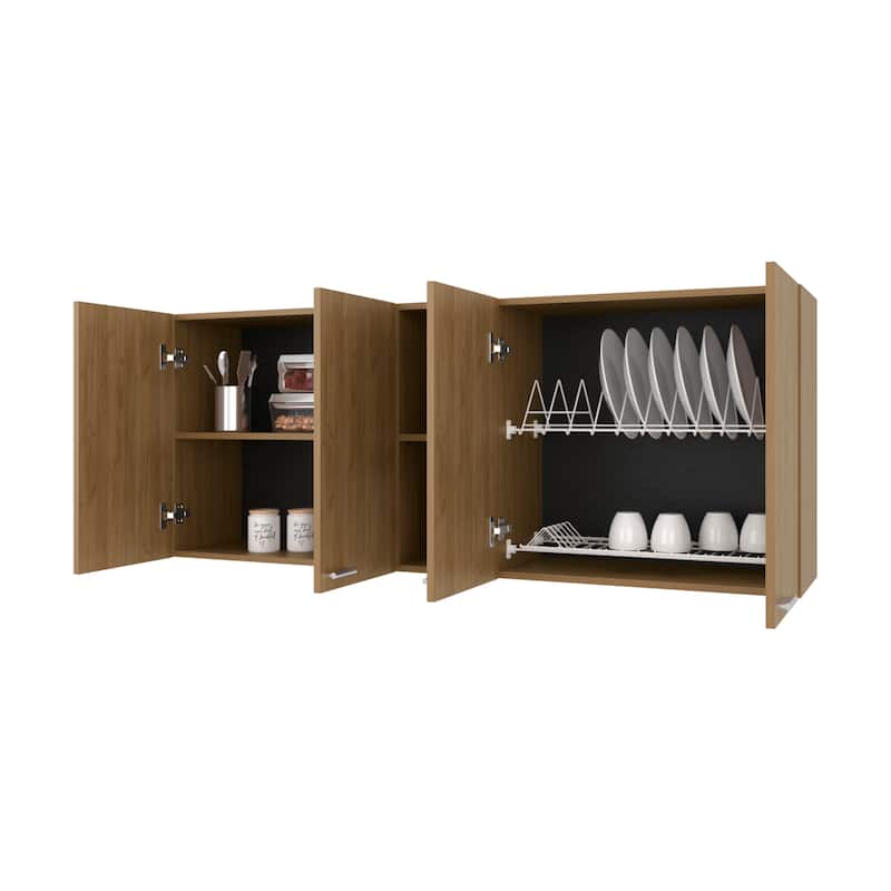 Luray Wall Cabinet kitchen in Melamine wit 4 Doors and Open Storage, Natural Oak
