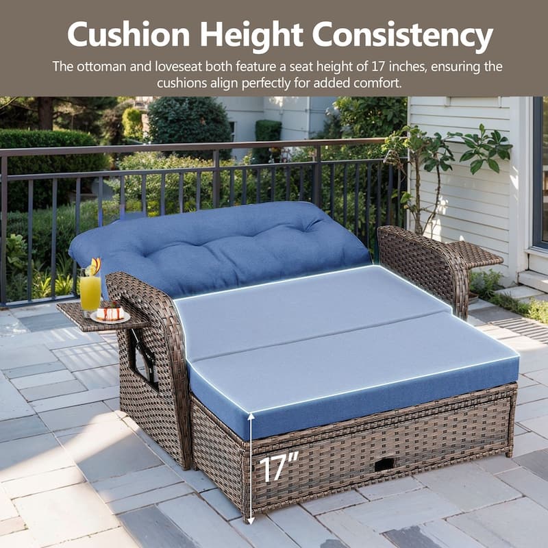 Gymojoy Adjustable Outdoor Wicker Daybed Patio Sofa Bed, 5-Position with Storage Ottoman