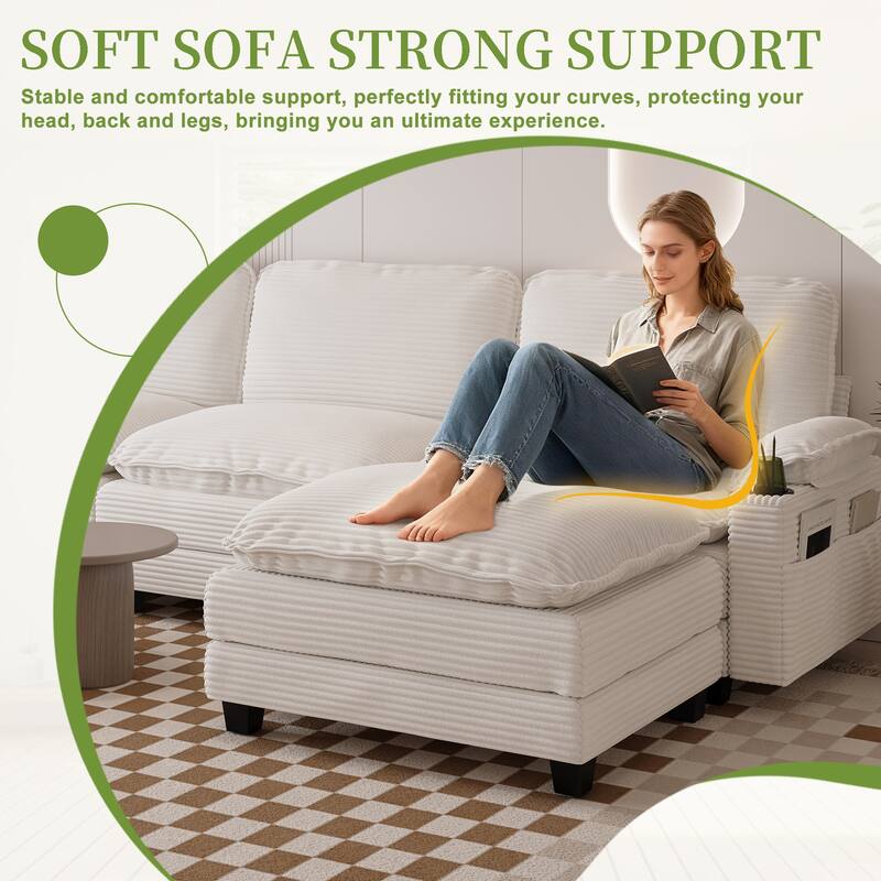 113" L Shaped Sectional Sofa, Deep Seat Cloud Couch with Ottoman, Oversized Corduroy Couch with Cup Holders, Storage Bags