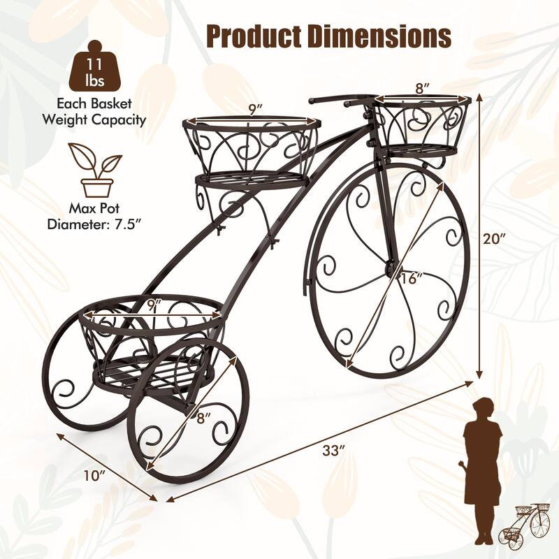 Gymax 3-Tier Bicycle Plant Stand w/ Hollowed Baskets Metal Flower Pot