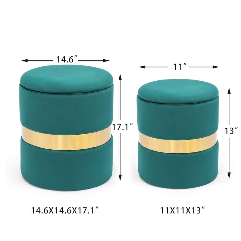Adeco Set of 2 Velvet Storage Ottoman Round Foot Stool Metal Band